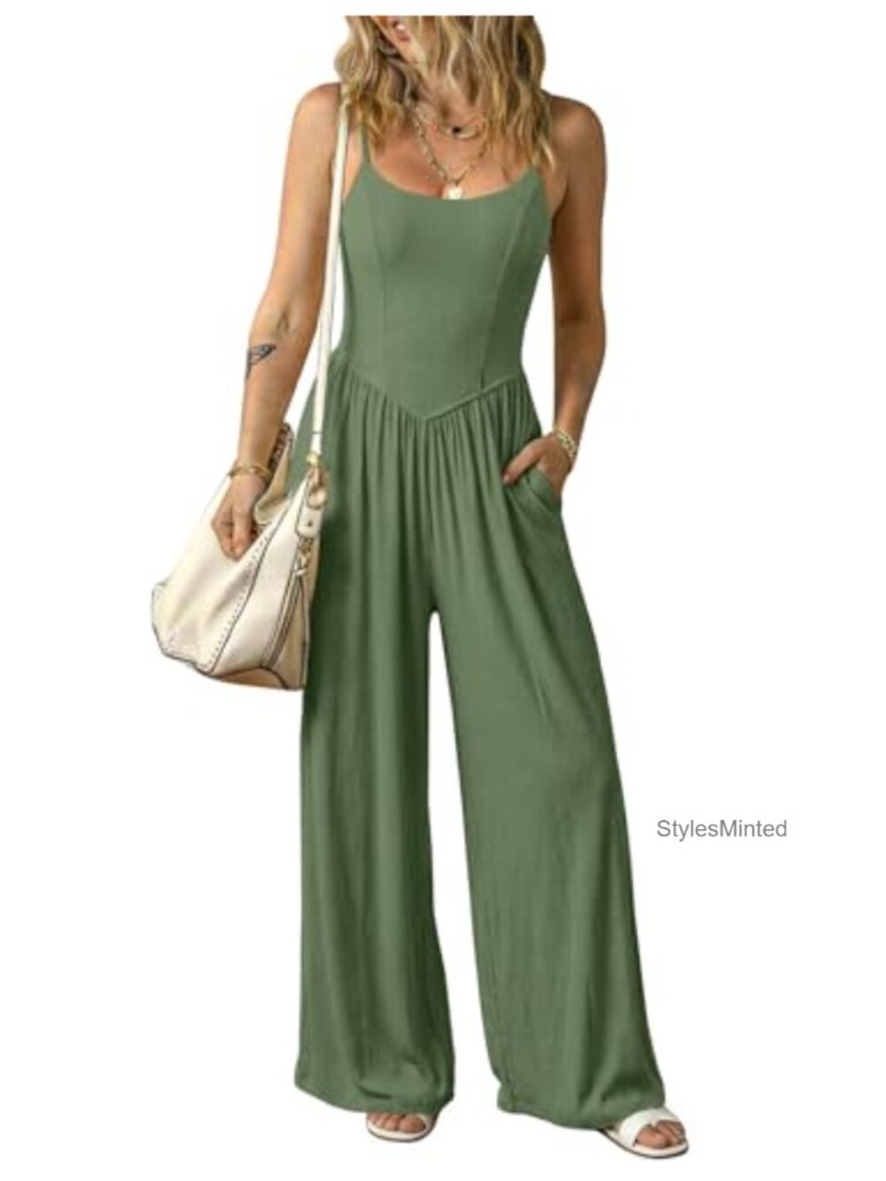 Women Spaghetti Strap Wide Leg Jumpsuit Rayon Spandex Casual One Piece